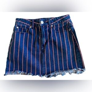American Eagle Red White & Blue Hi Rise Striped Denim Mini Skirt Raw Hem Size 6